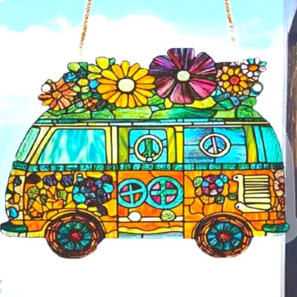 Suncatcher Hippie Van Peace Sign Flowers Hanging Window Colorful Decor in/out - Picture 2 of 3